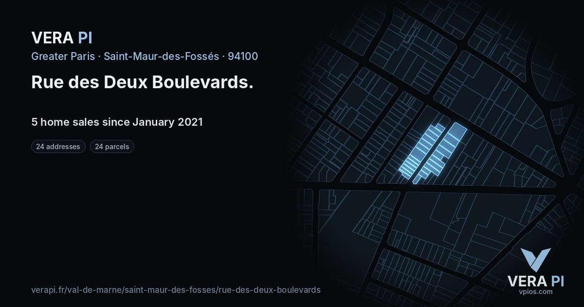Rue des Deux Boulevards, Saint-Maur-des-Fossés at night – every parcel coloured by the prices around it, the street's own parcels lit