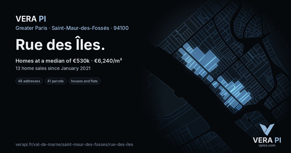 Rue des Îles, Saint-Maur-des-Fossés at night – every parcel coloured by the prices around it, the street's own parcels lit