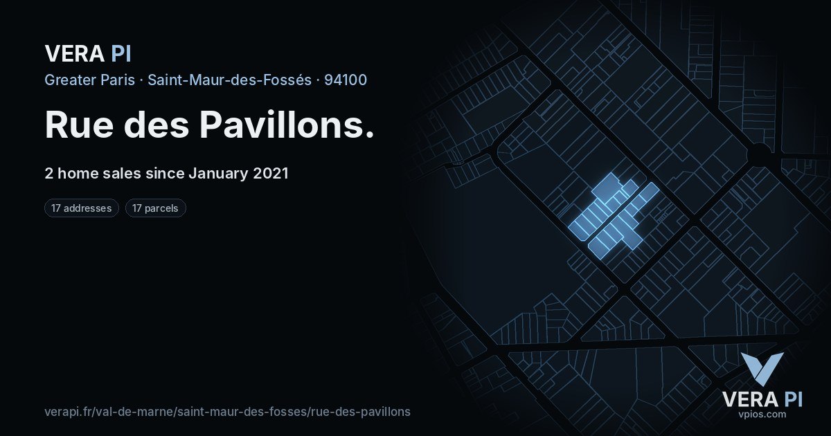 Rue des Pavillons, Saint-Maur-des-Fossés at night – every parcel coloured by the prices around it, the street's own parcels lit