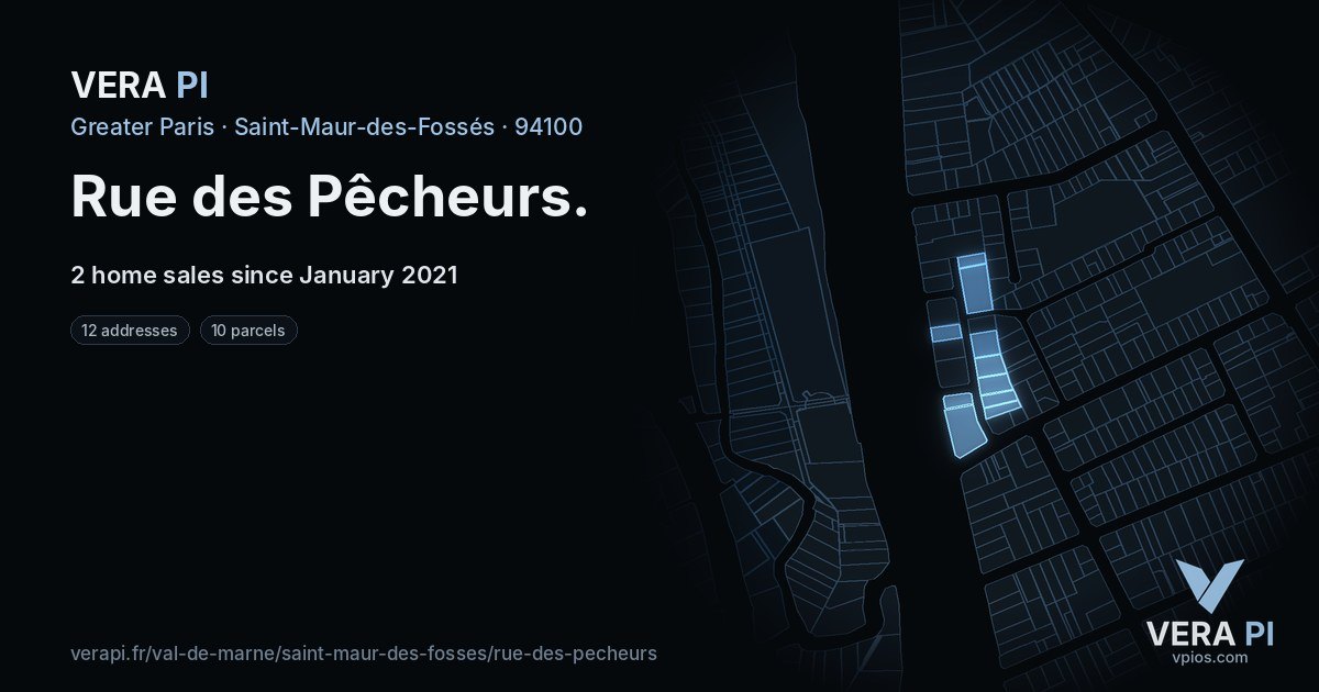 Rue des Pêcheurs, Saint-Maur-des-Fossés at night – every parcel coloured by the prices around it, the street's own parcels lit