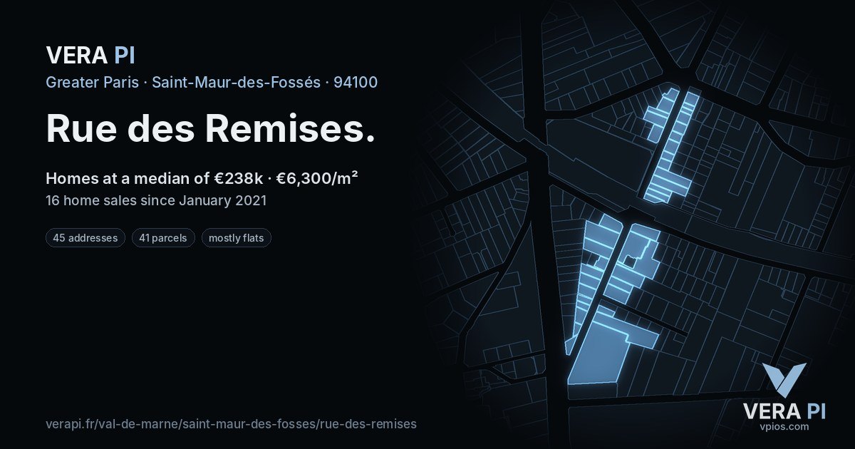 Rue des Remises, Saint-Maur-des-Fossés at night – every parcel coloured by the prices around it, the street's own parcels lit