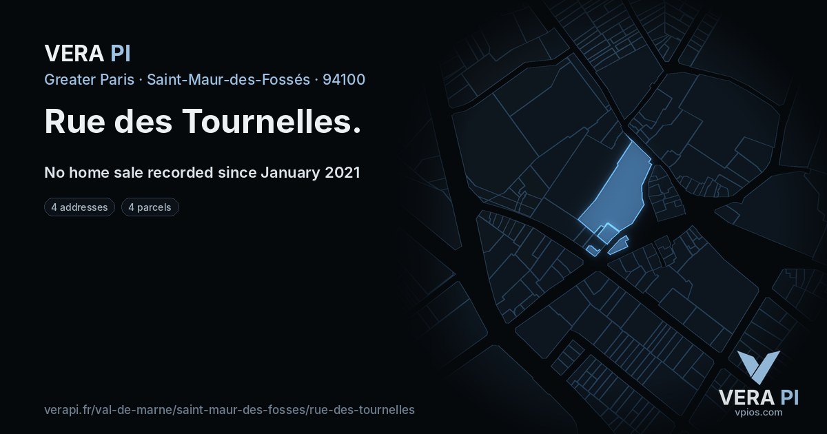 Rue des Tournelles, Saint-Maur-des-Fossés at night – every parcel coloured by the prices around it, the street's own parcels lit