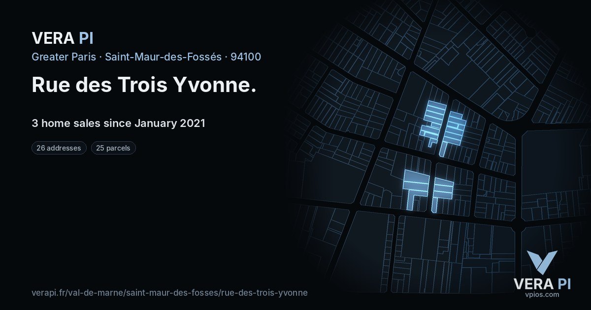 Rue des Trois Yvonne, Saint-Maur-des-Fossés at night – every parcel coloured by the prices around it, the street's own parcels lit