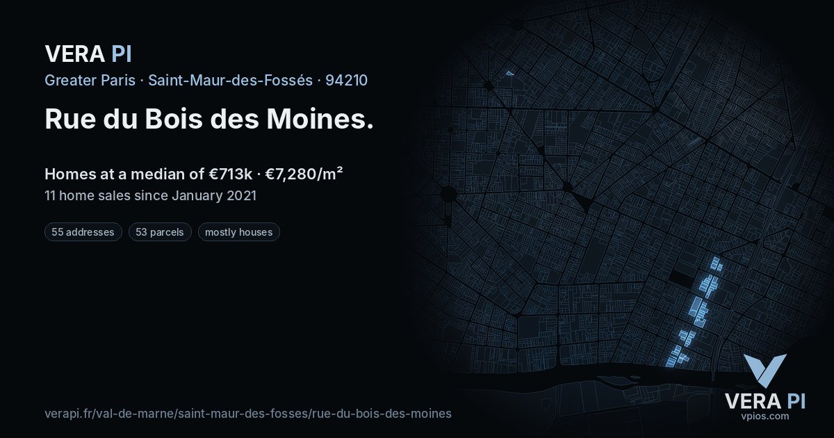 Rue du Bois des Moines, Saint-Maur-des-Fossés at night – every parcel coloured by the prices around it, the street's own parcels lit