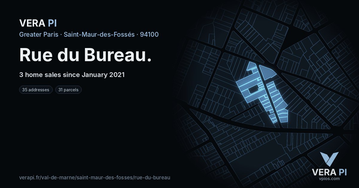 Rue du Bureau, Saint-Maur-des-Fossés at night – every parcel coloured by the prices around it, the street's own parcels lit
