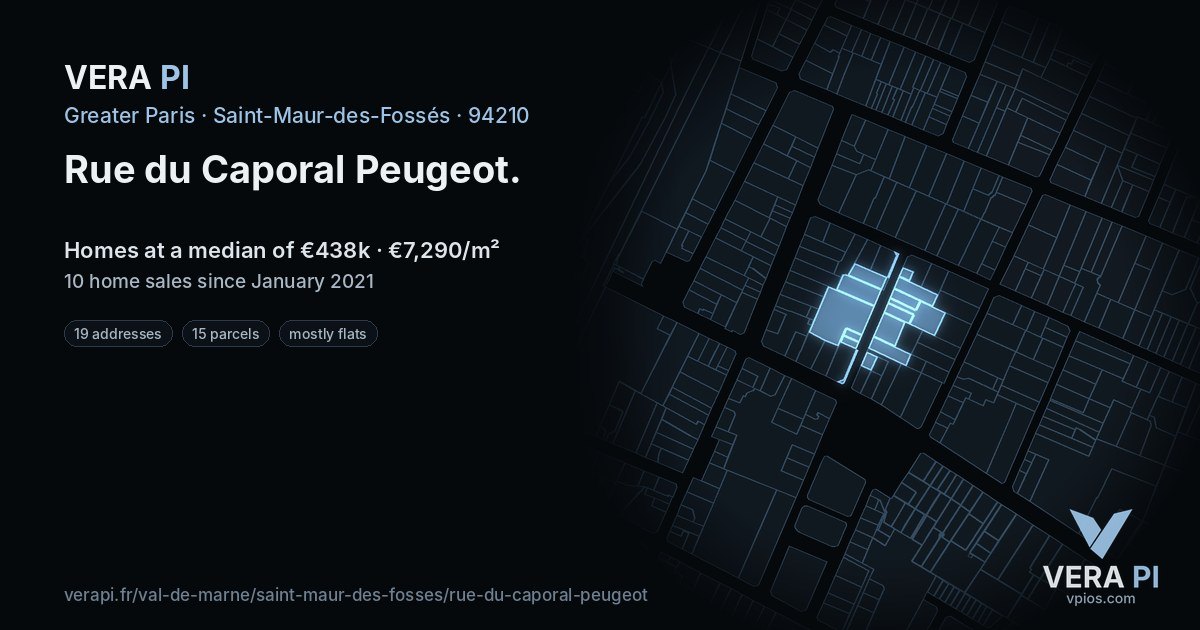 Rue du Caporal Peugeot, Saint-Maur-des-Fossés at night – every parcel coloured by the prices around it, the street's own parcels lit