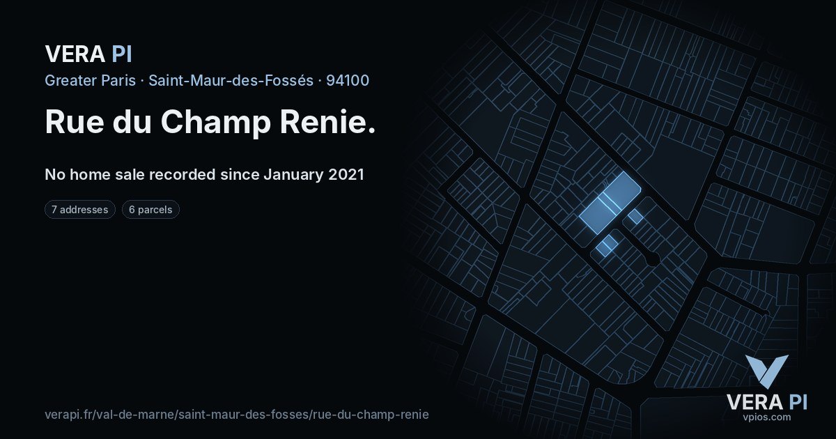Rue du Champ Renie, Saint-Maur-des-Fossés at night – every parcel coloured by the prices around it, the street's own parcels lit