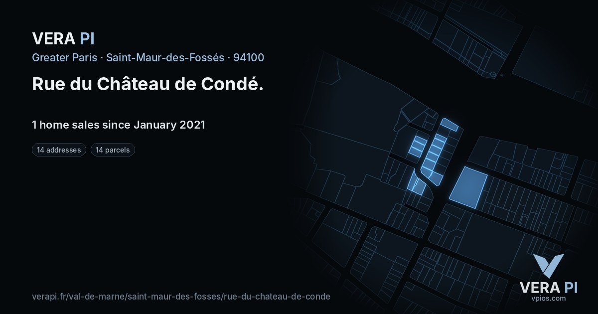 Rue du Château de Condé, Saint-Maur-des-Fossés at night – every parcel coloured by the prices around it, the street's own parcels lit