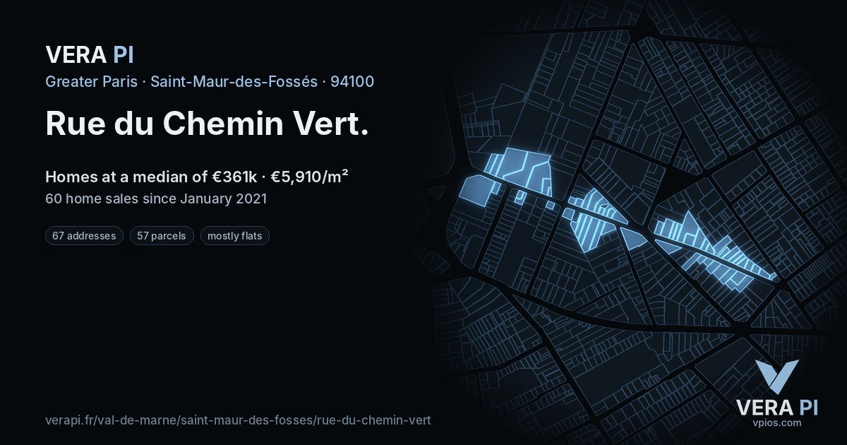Rue du Chemin Vert, Saint-Maur-des-Fossés at night – every parcel coloured by the prices around it, the street's own parcels lit