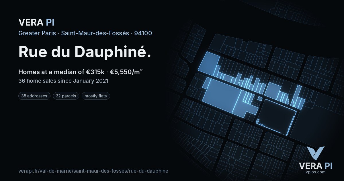 Rue du Dauphiné, Saint-Maur-des-Fossés at night – every parcel coloured by the prices around it, the street's own parcels lit