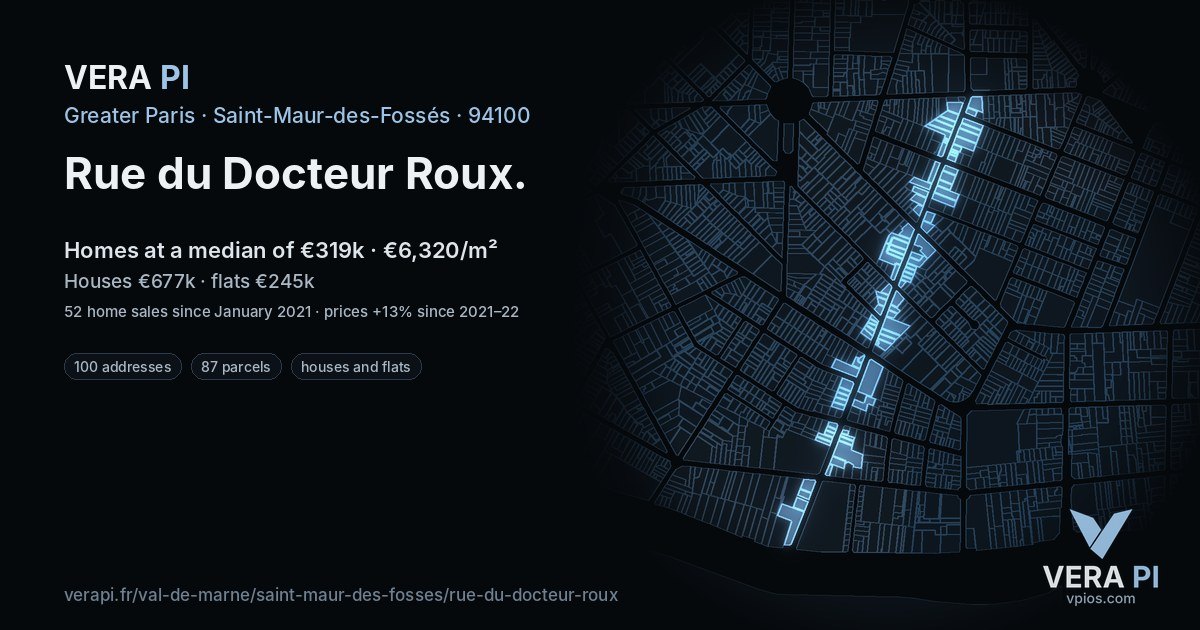 Rue du Docteur Roux, Saint-Maur-des-Fossés at night – every parcel coloured by the prices around it, the street's own parcels lit