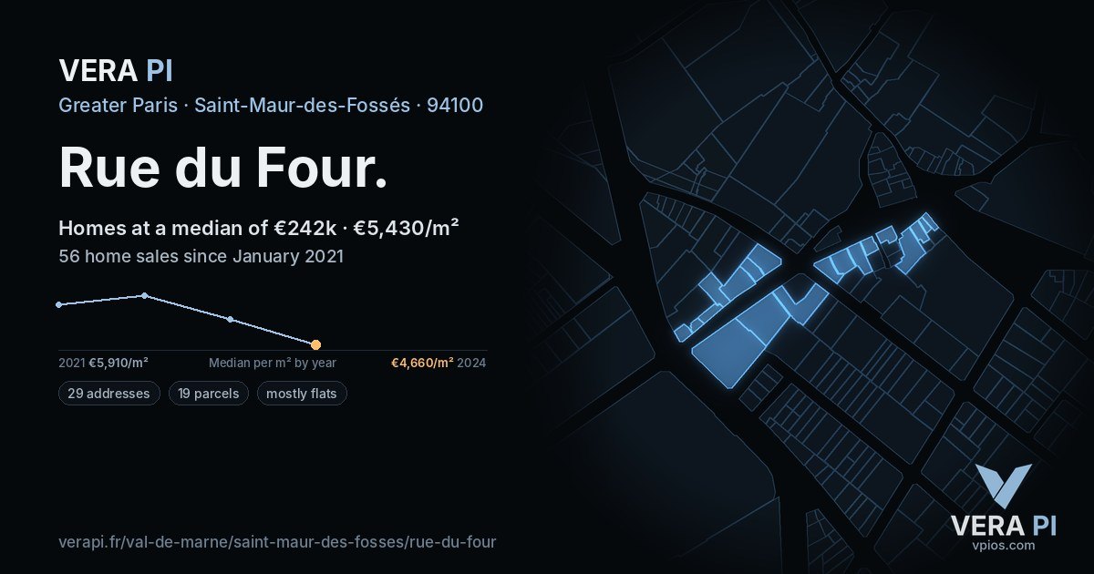Rue du Four, Saint-Maur-des-Fossés at night – every parcel coloured by the prices around it, the street's own parcels lit