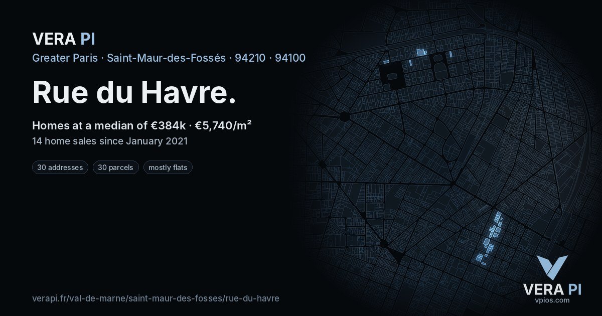 Rue du Havre, Saint-Maur-des-Fossés at night – every parcel coloured by the prices around it, the street's own parcels lit