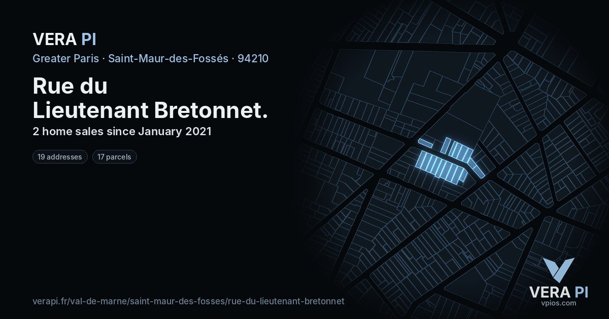 Rue du Lieutenant Bretonnet, Saint-Maur-des-Fossés at night – every parcel coloured by the prices around it, the street's own parcels lit