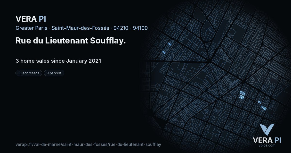 Rue du Lieutenant Soufflay, Saint-Maur-des-Fossés at night – every parcel coloured by the prices around it, the street's own parcels lit