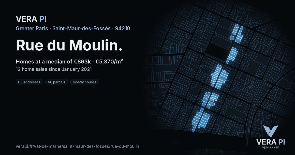 Rue du Moulin, Saint-Maur-des-Fossés at night – every parcel coloured by the prices around it, the street's own parcels lit
