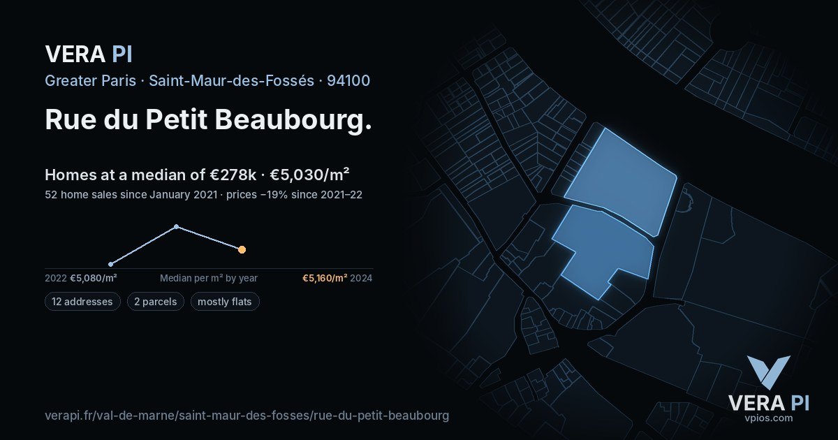 Rue du Petit Beaubourg, Saint-Maur-des-Fossés at night – every parcel coloured by the prices around it, the street's own parcels lit
