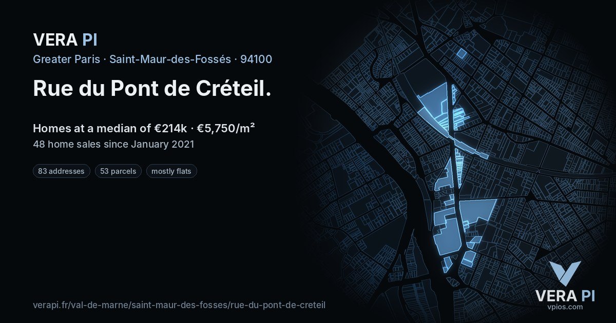 Rue du Pont de Créteil, Saint-Maur-des-Fossés at night – every parcel coloured by the prices around it, the street's own parcels lit