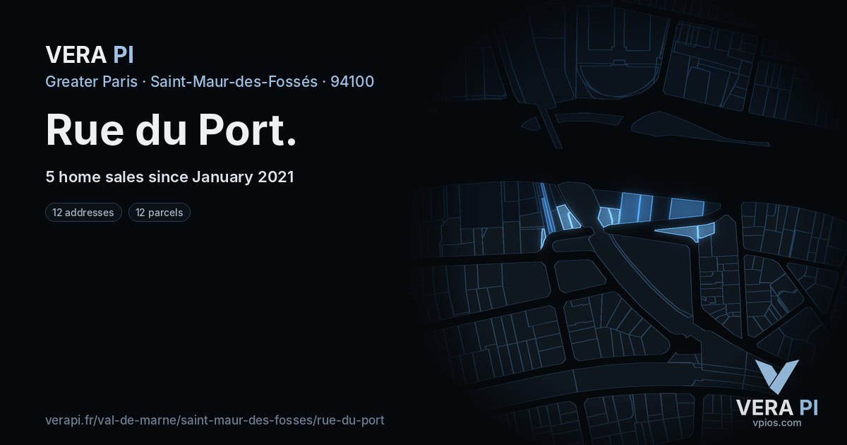 Rue du Port, Saint-Maur-des-Fossés at night – every parcel coloured by the prices around it, the street's own parcels lit