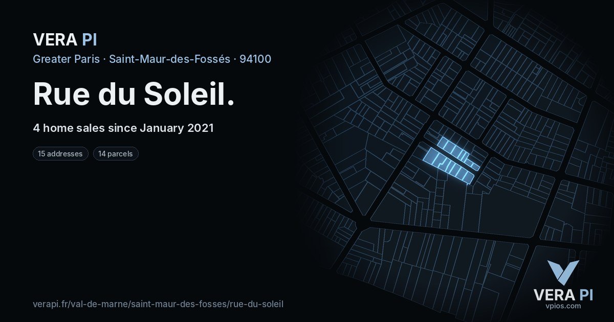 Rue du Soleil, Saint-Maur-des-Fossés at night – every parcel coloured by the prices around it, the street's own parcels lit