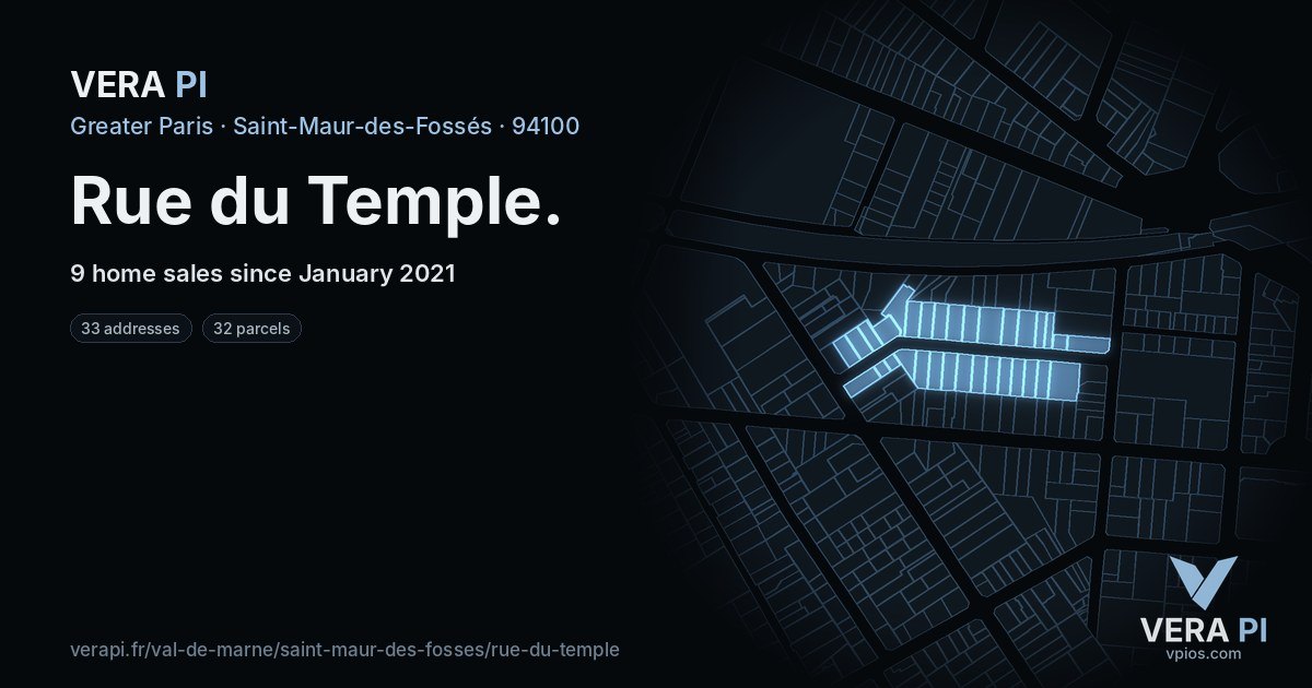 Rue du Temple, Saint-Maur-des-Fossés at night – every parcel coloured by the prices around it, the street's own parcels lit