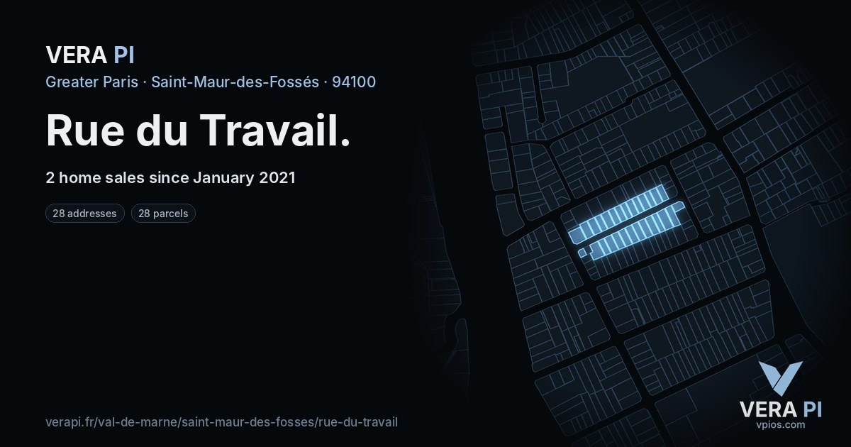 Rue du Travail, Saint-Maur-des-Fossés at night – every parcel coloured by the prices around it, the street's own parcels lit