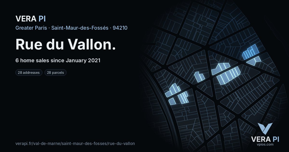 Rue du Vallon, Saint-Maur-des-Fossés at night – every parcel coloured by the prices around it, the street's own parcels lit