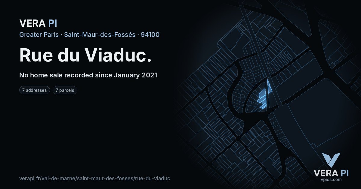 Rue du Viaduc, Saint-Maur-des-Fossés at night – every parcel coloured by the prices around it, the street's own parcels lit