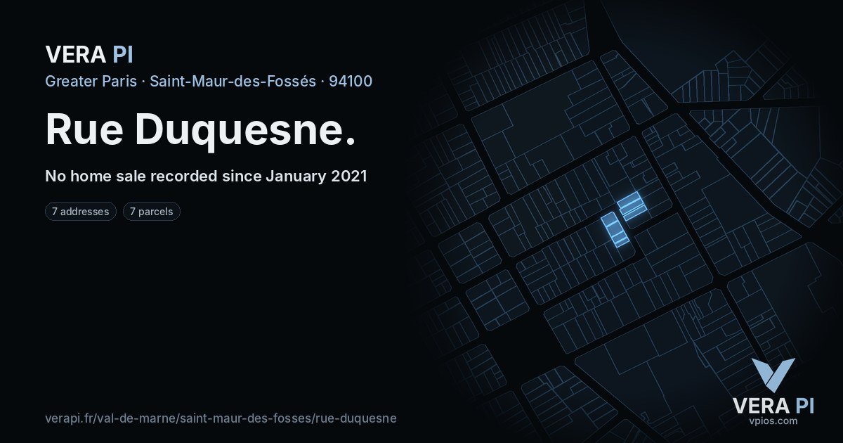 Rue Duquesne, Saint-Maur-des-Fossés at night – every parcel coloured by the prices around it, the street's own parcels lit