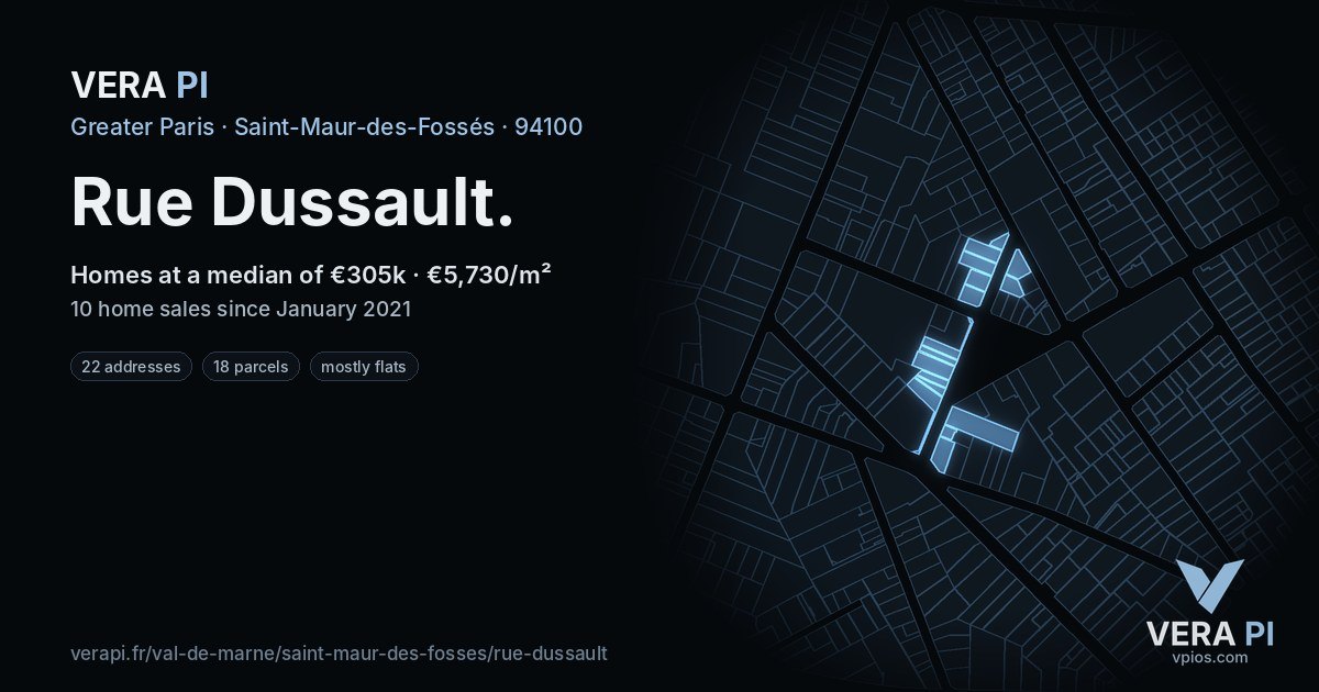 Rue Dussault, Saint-Maur-des-Fossés at night – every parcel coloured by the prices around it, the street's own parcels lit