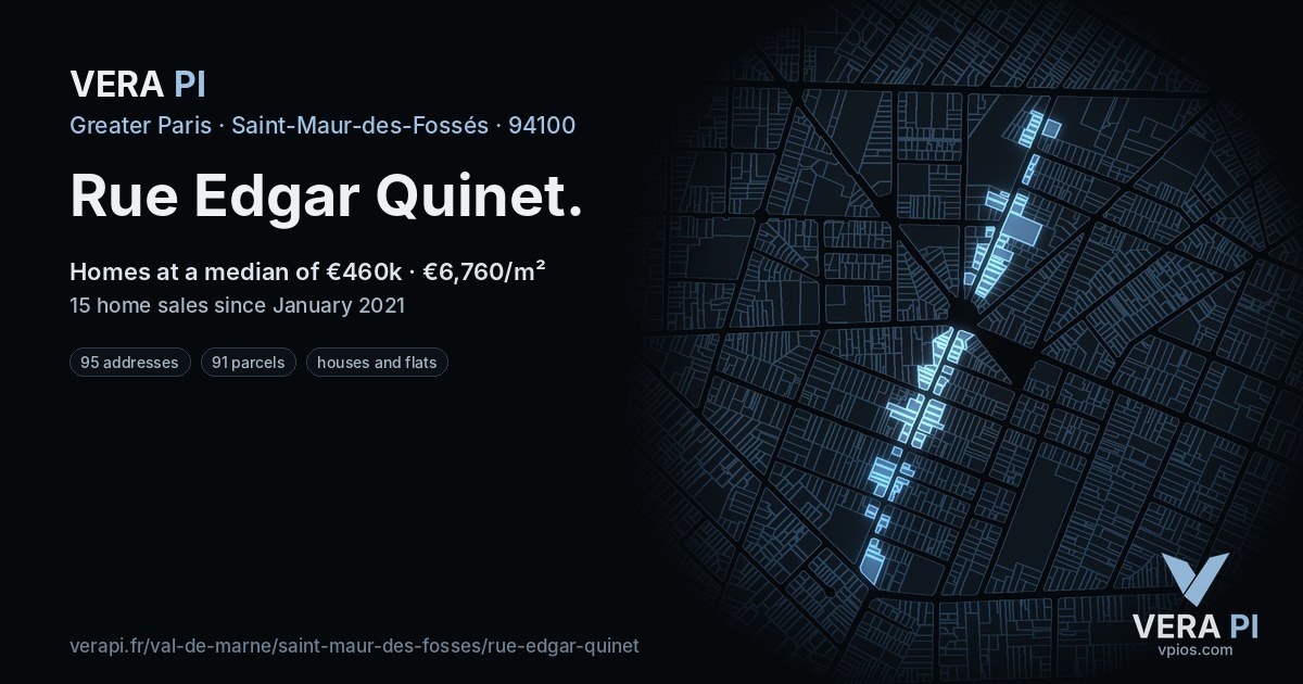 Rue Edgar Quinet, Saint-Maur-des-Fossés at night – every parcel coloured by the prices around it, the street's own parcels lit