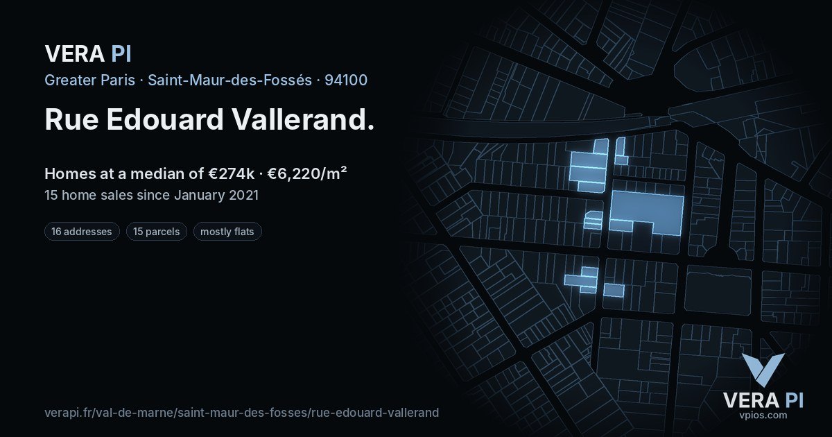 Rue Edouard Vallerand, Saint-Maur-des-Fossés at night – every parcel coloured by the prices around it, the street's own parcels lit