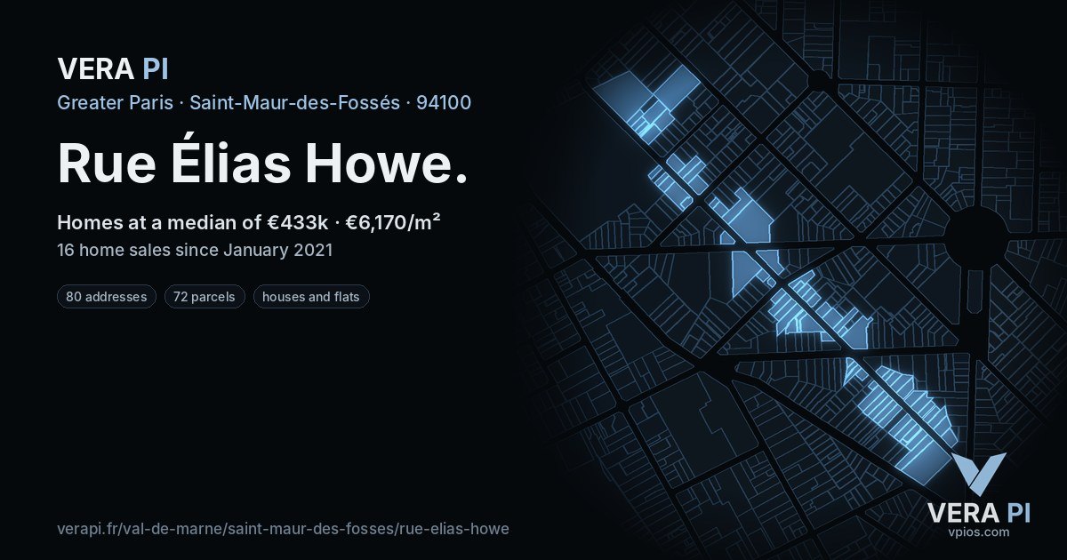 Rue Élias Howe, Saint-Maur-des-Fossés at night – every parcel coloured by the prices around it, the street's own parcels lit