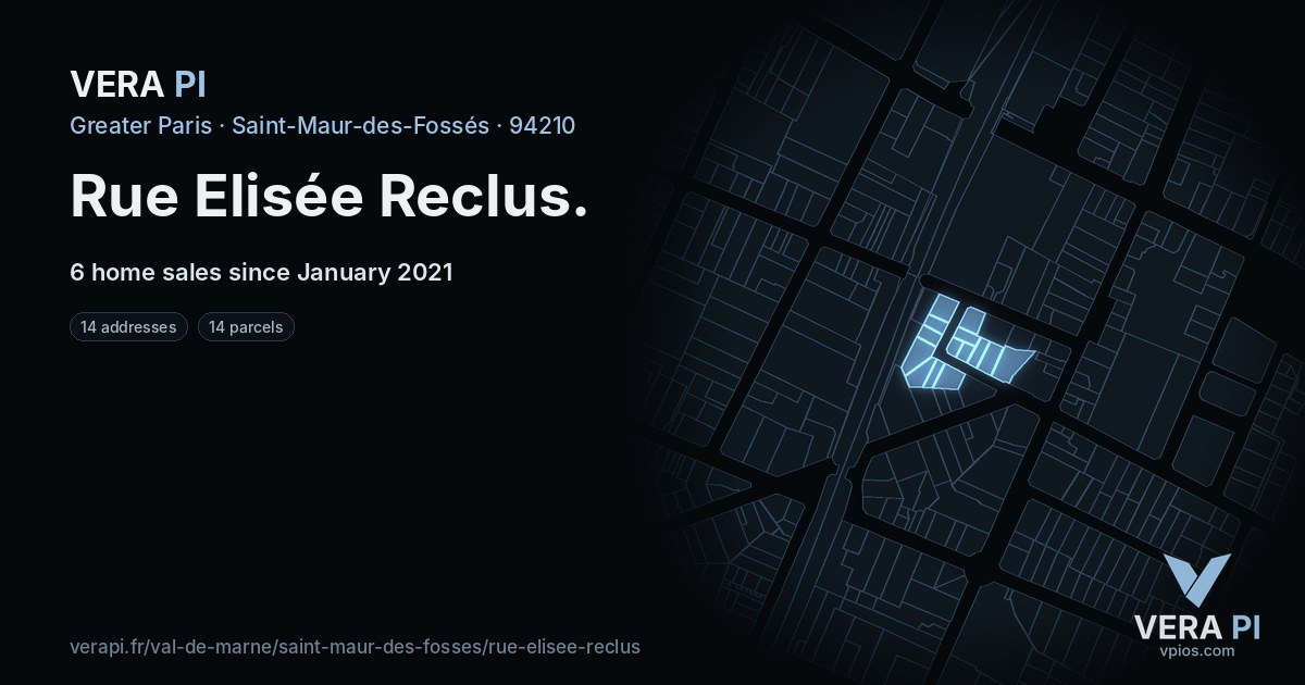 Rue Elisée Reclus, Saint-Maur-des-Fossés at night – every parcel coloured by the prices around it, the street's own parcels lit