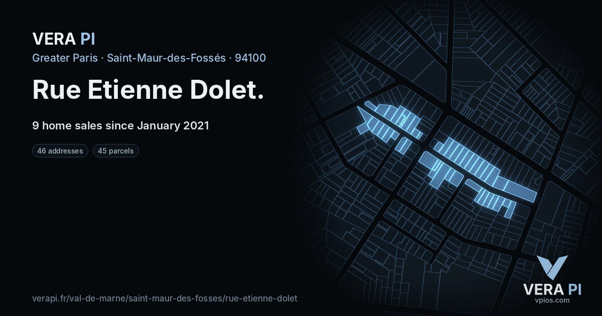 Rue Etienne Dolet, Saint-Maur-des-Fossés at night – every parcel coloured by the prices around it, the street's own parcels lit