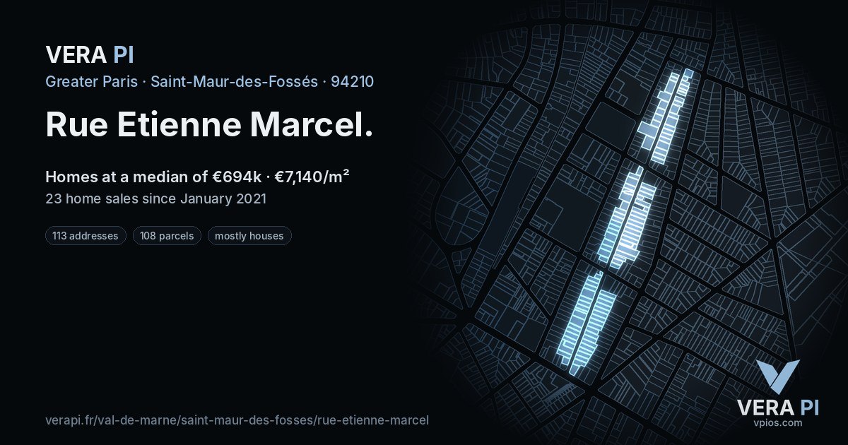 Rue Etienne Marcel, Saint-Maur-des-Fossés at night – every parcel coloured by the prices around it, the street's own parcels lit