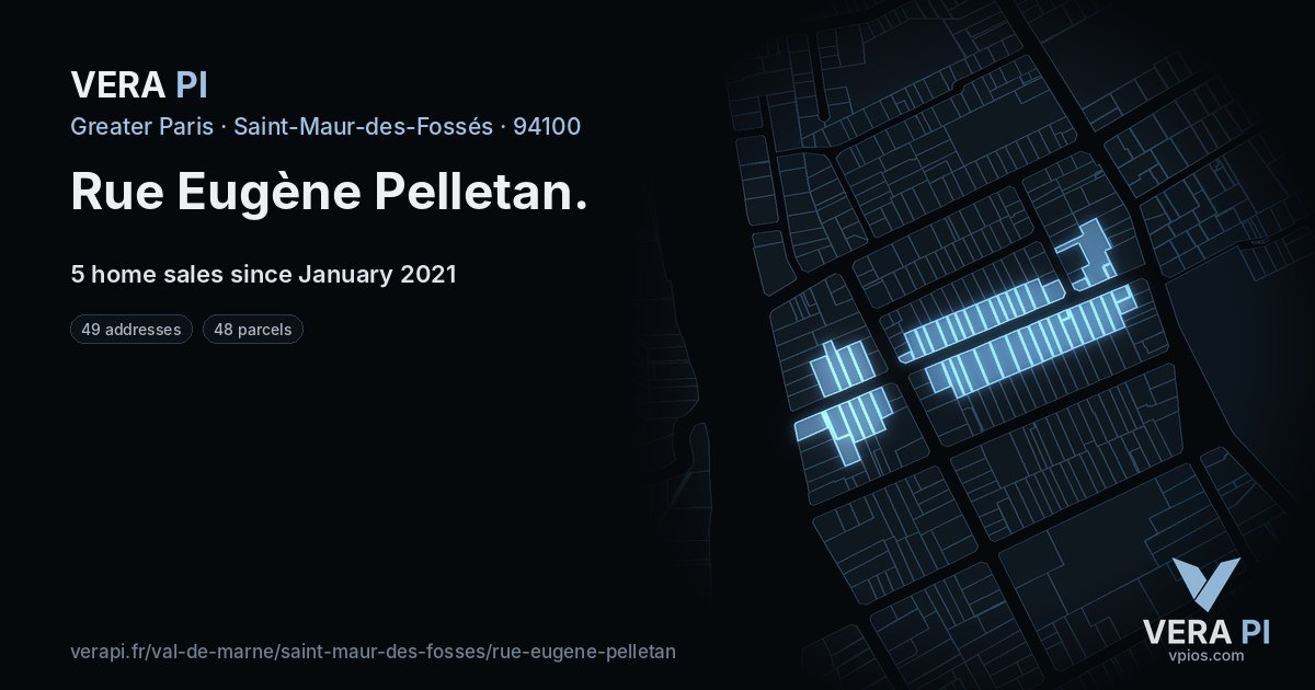 Rue Eugène Pelletan, Saint-Maur-des-Fossés at night – every parcel coloured by the prices around it, the street's own parcels lit