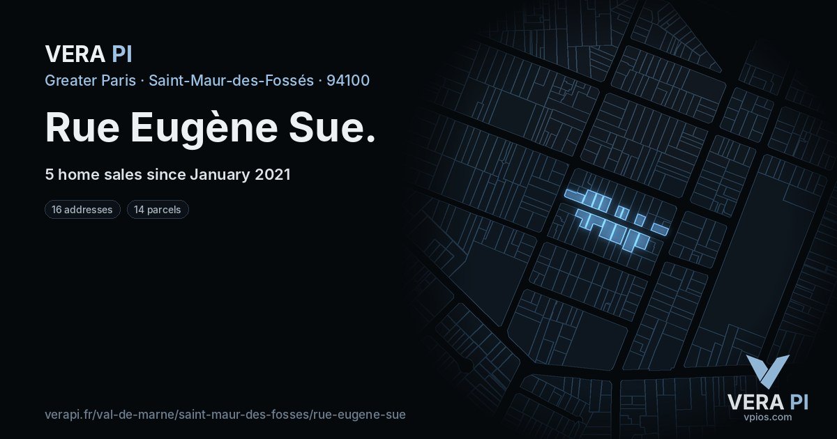 Rue Eugène Sue, Saint-Maur-des-Fossés at night – every parcel coloured by the prices around it, the street's own parcels lit