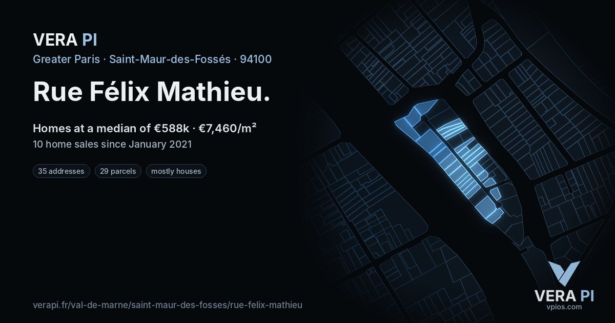 Rue Félix Mathieu, Saint-Maur-des-Fossés at night – every parcel coloured by the prices around it, the street's own parcels lit