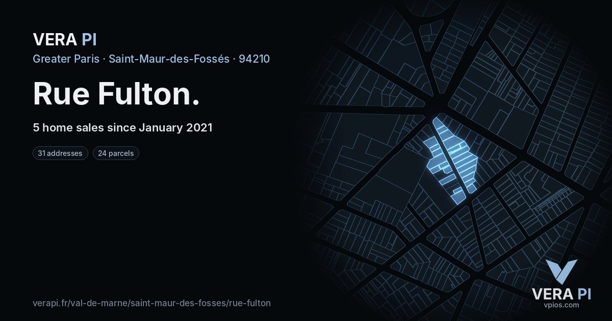 Rue Fulton, Saint-Maur-des-Fossés at night – every parcel coloured by the prices around it, the street's own parcels lit