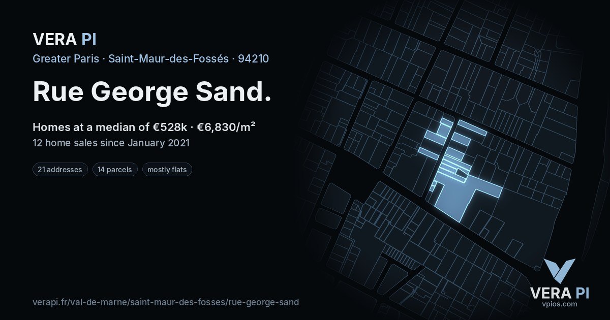 Rue George Sand, Saint-Maur-des-Fossés at night – every parcel coloured by the prices around it, the street's own parcels lit