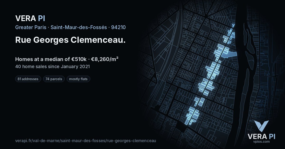 Rue Georges Clemenceau, Saint-Maur-des-Fossés at night – every parcel coloured by the prices around it, the street's own parcels lit