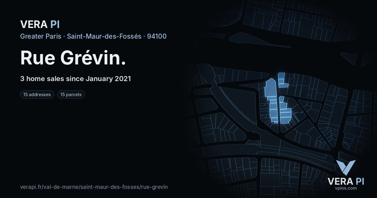 Rue Grévin, Saint-Maur-des-Fossés at night – every parcel coloured by the prices around it, the street's own parcels lit