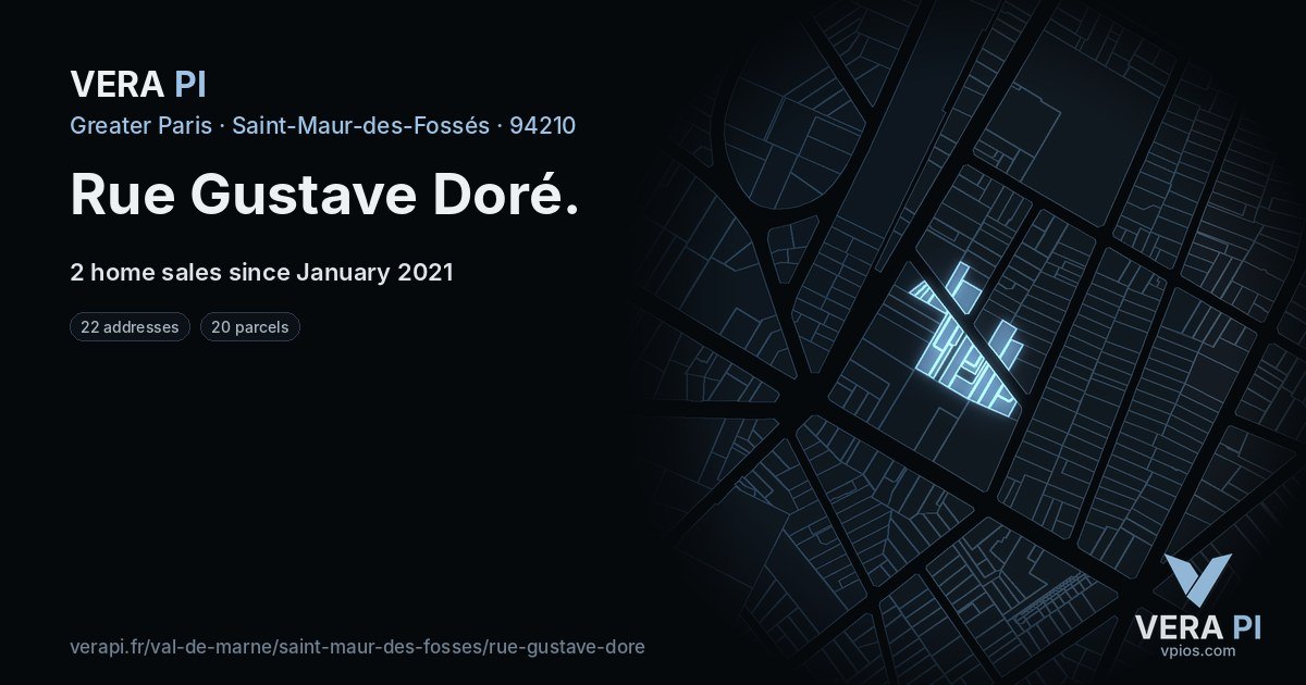 Rue Gustave Doré, Saint-Maur-des-Fossés at night – every parcel coloured by the prices around it, the street's own parcels lit