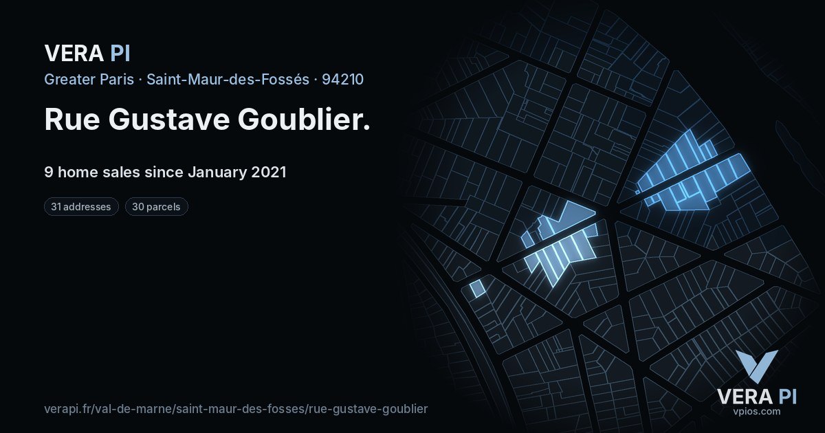 Rue Gustave Goublier, Saint-Maur-des-Fossés at night – every parcel coloured by the prices around it, the street's own parcels lit