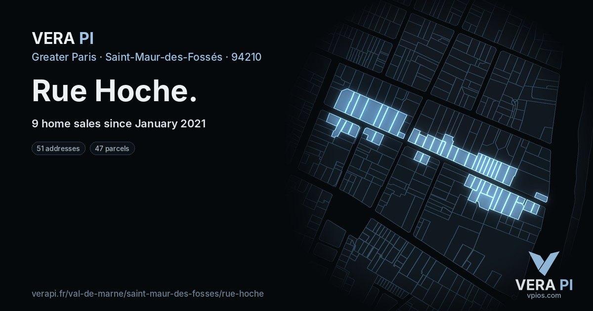 Rue Hoche, Saint-Maur-des-Fossés at night – every parcel coloured by the prices around it, the street's own parcels lit