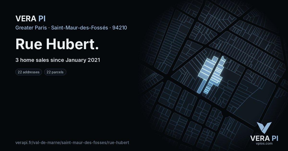 Rue Hubert, Saint-Maur-des-Fossés at night – every parcel coloured by the prices around it, the street's own parcels lit