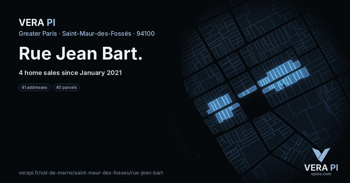 Rue Jean Bart, Saint-Maur-des-Fossés at night – every parcel coloured by the prices around it, the street's own parcels lit