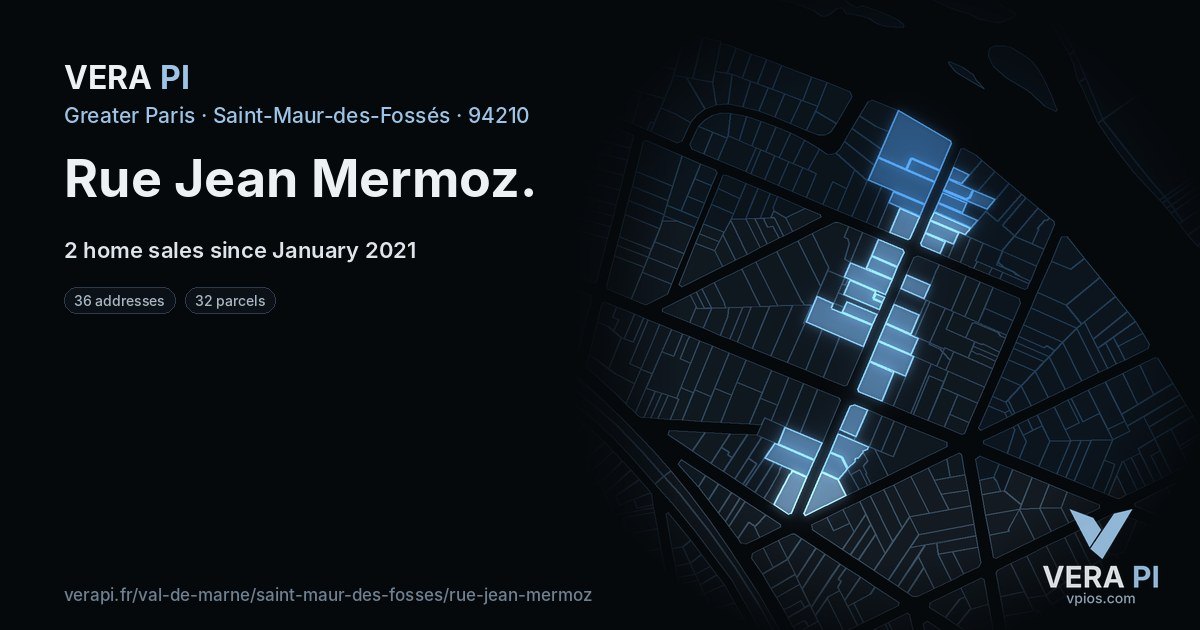 Rue Jean Mermoz, Saint-Maur-des-Fossés at night – every parcel coloured by the prices around it, the street's own parcels lit