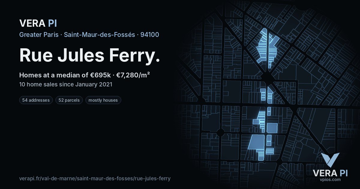 Rue Jules Ferry, Saint-Maur-des-Fossés at night – every parcel coloured by the prices around it, the street's own parcels lit